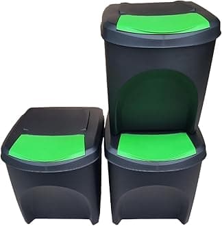 Stolmet Large Stackable Recycling Bins Set of 3x25L (Brand KrysGo) - Customizable Lids with Recycling Stickers - Waste Sorting for Home, Kitchen, Office (Black + Green)