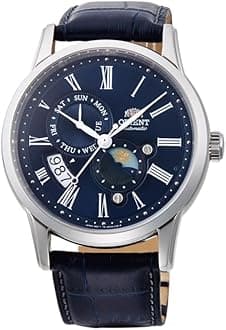 Sun & Moon Men's Automatic Manual Winding Mechanical Classic Leather Band Wrist Watch, Leather Blue, Strap