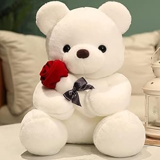 Teddy Bear Plush Stuffed Animal Valentines Teddy Bear with Rose,Sweet Bear Great Gift for Your Loved One,Girlfriend Kids Birthday, Valentine, Christmas (9.84 inches, White)