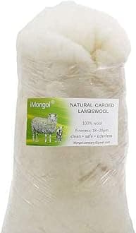 iMongol Carded Lambs Wool Stuffing Batting for Needle Felting, Knitted Crafts, Bright Creations, Pillow Filler, Stuffed Animals, Cushions,Super Clean Fine, Natural White(1oz, Combed Wool)