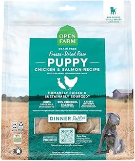 Freeze Dried Raw Puppy Food, Patties with 95% Meat, Organs & Bone, Complete Meal or Freeze Dried Dog Food Mixer, Chicken & Salmon Puppy Recipe, 10.5oz Bag