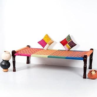 Rajasthani Wooden Khatiya Khaat | Traditional Handcrafted Wooden Charpai Bed | 6x3 Feet | Solid Wood Frame with Durable Cotton Ropes for Home, Garden, or Outdoor Use (Colorful 003)