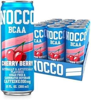 NOCCO BCAA Energy Drink Cherry Berry - 12 Fl Oz (Pack of 12) - 200mg of Caffeine, Sugar Free Energy Drinks - Carbonated & Low Calorie, BCAAs, Vitamin B6, B12, & Biotin - Grab & Go Performance Drink