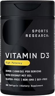 Sports Research® Vitamin D3 1000 IU with Coconut MCT Oil - High Potency Vitamin D Supplement for Immune & Bone Support - Gluten Free · Non-GMO · Soy Free - 360 Count Softgels