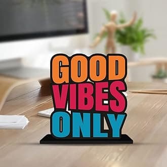 Artvibes Wooden Idols and Figurine Good Vibes Only Positive Quote Table Decor for Office Desk | Home Decor Item | Living Room | Bedroom | Modern Art Wood Showpiece Decorative Gift (SP_1101)