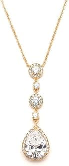 Cubic Zirconia Y-Shaped Necklace for Brides - Dangling CZ Teardrop Pear-Shaped Wedding Pendant