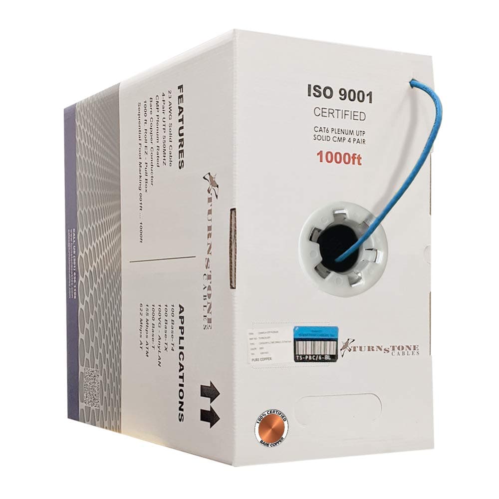 TSCables | Cat6 Plenum (CMP) 1000ft Cable, 23AWG | 100% Solid Bare Copper | 550MHz, PoE++ (4PPoE) | Unshielded Twisted Pair (UTP) Bulk Ethernet Cable, Available in 10 Colors (Blue, 1000ft)