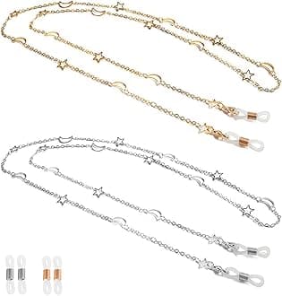 2PCS Eyeglass Chain Sunglass Strap Holder Reading Glass Cords Lanyard Necklace Eyewear Retainer Metal Long Necklace Accessories with Rubber Ends –Style Star and Moon