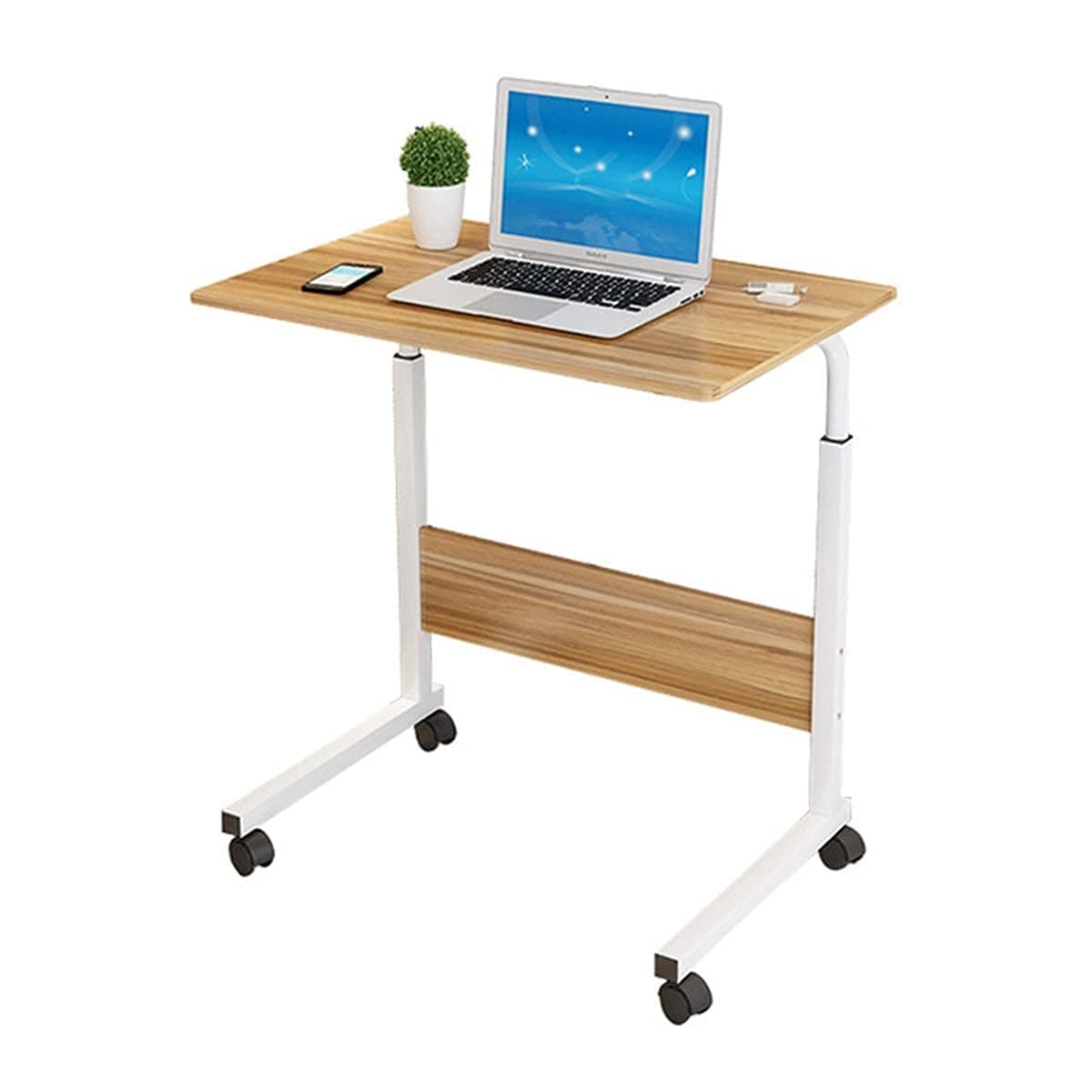 Overbed Table, Height Adjustable Overbed Table, Station with Lockable Wheels, Laptop Desk for Working Dining Studying (Color Maple)