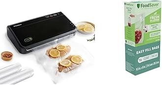 FoodSaver Vacuum Sealer Machine with Automatic Bag Detection, Sealer Bags and Roll & Easy Fill 1-Quart Vacuum Sealer Bags | Commercial Grade and Reusable | 16 Count, Clear