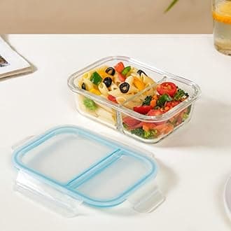 Nestasia Glass Lunch Box with 2 Compartments for Office for Men (600ml) - Borosilicate Glass Lunch Box for Office Tiffin, Microwave & Freezer Safe, Leak-Proof with Clip Locks & Airtight Lids