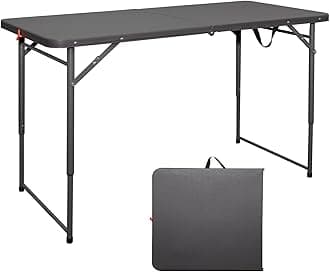 Folding Table 4 Foot Portable Heavy Duty Plastic Fold-in-Half Utility Table Small Indoor Outdoor Adjustable Height Folding Table with Carrying Handle, Camping and Party,Grey