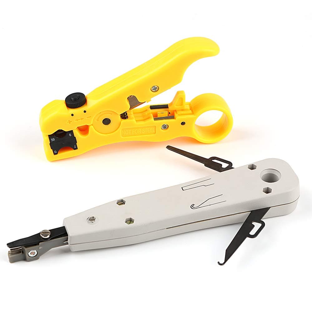 Punch Down Tool, Wire Stripping Tool Cable Stripper Cutter Wire Stripping Tool for Flat or Round UTP Cat5 Cat6 Coax Coaxial Wire Stripper (Yellow)