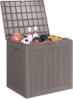 ROJIK Outdoor Storage Housing Deck Box - Waterproof Patio Furniture, Garden Tools, Cushions, Pool Accessories Storage Bench with Lockable Lid and Side Handles (Cappuccino, 28 Gal)