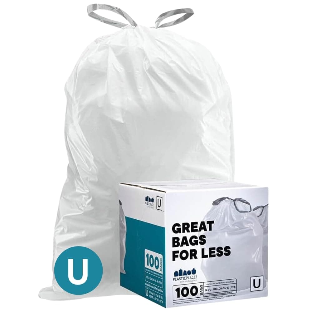 Plasticplace Custom Fit Trash Bags, Compatible with simplehuman Code U (100 Count) White Drawstring Garbage Liners 14.5-21 Gallon/ 55-80 Liter 26.5" x 32"