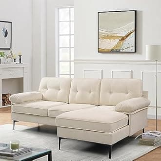82" Sectional Couch w/Chaise, Reversible Chenille Small L Shape Sofa Couch, Sofa with Chaise Mid-Modern Century Couch with Removable and Washable Cushions (Cream)