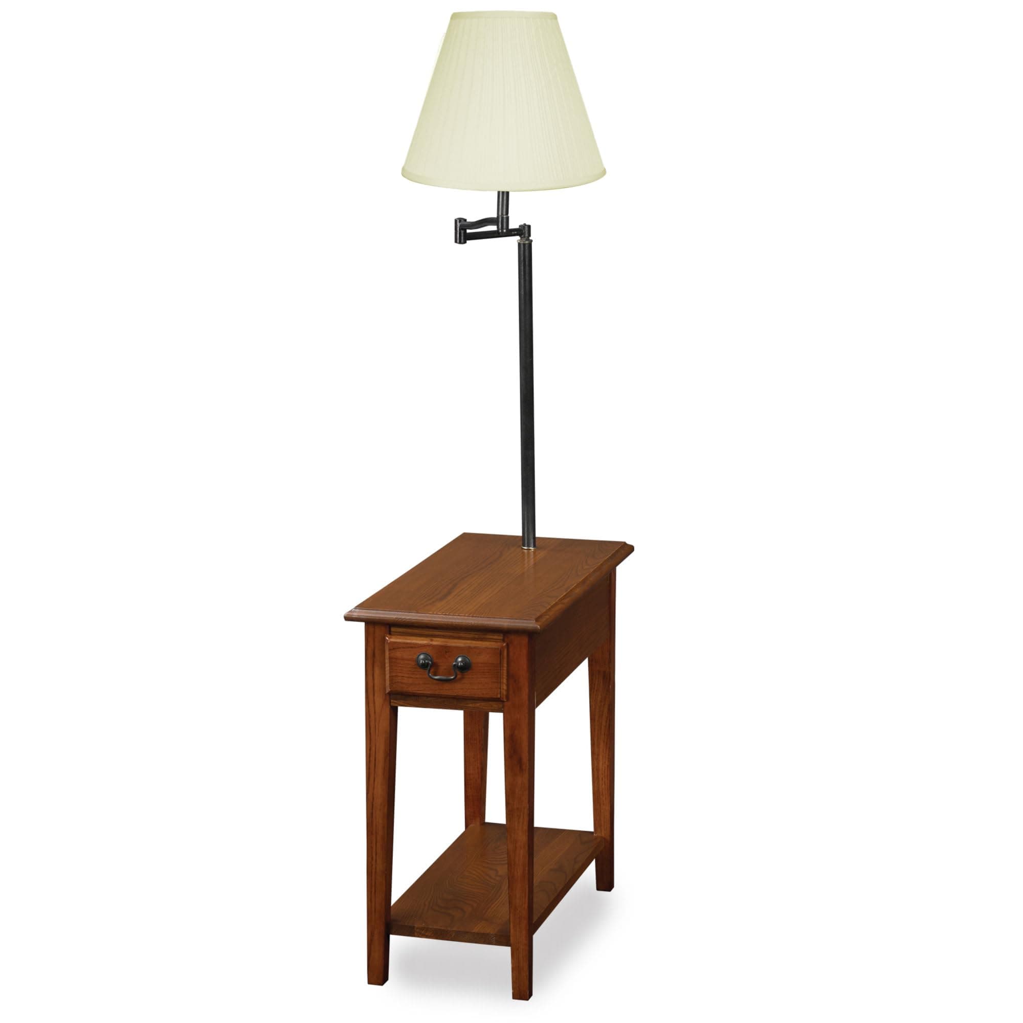 Haven Ridge Solid Wood Side Table with Built-In Swing Arm Lamp and Drawer, Medium Oak Brown, Perfect for Entryways, Living Rooms, and Small Spaces – Leick Home, 9037-MED