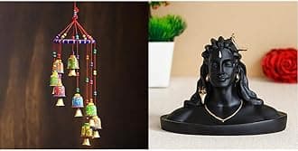 eCraftIndia Cotton handicrafted Decorative Wall/Door/Window Hanging Bells Wind Chimes Showpiece & Black Adiyogi Lord Shiva Handcrafted Polyresin Figurine, One Size (MSGSH502)