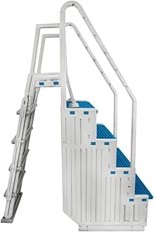 Confer Plastics Step-1X with 8000X Ground to Step Ladder: Above Ground Entry System, Dual Handrails, Slip-Resistant Steps, Supports 300 lbs, Easy Install – Made in USA, White with Blue Step-1