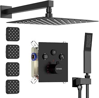 12 Inch Thermostatic Rain Shower System with Body Spray Jets Wall Mount Matte Black Shower Faucet Set with Valve Can Use All Function At Once