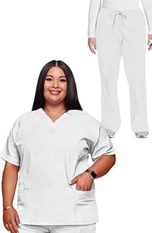 Cherokee Scrub set for women Traditional Fit Dolman Sleeve, V-neck Top 4700 Natural Rise Flare Leg Drawstring Pant 4101