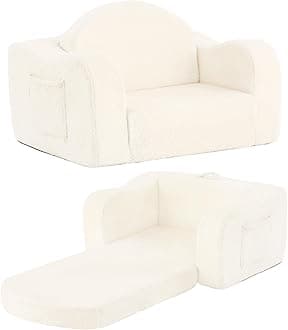 Tiita Kids Chairs for Toddler, 2-in-1 Toddler Soft Sherpa Couch Fold Out, Convertible Sofa to Lounger for Girls and Boys, Beige