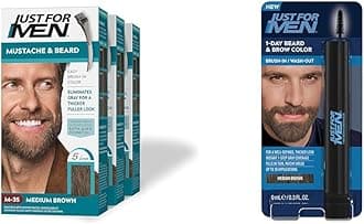 Just For Men Mustache & Beard,Medium Brown, M-35, Pack of 3 + Just for Men 1-Day Beard & Brow Color, Temporary Color for Beard and Eyebrows, Up to 30 Applications, Medium Brown