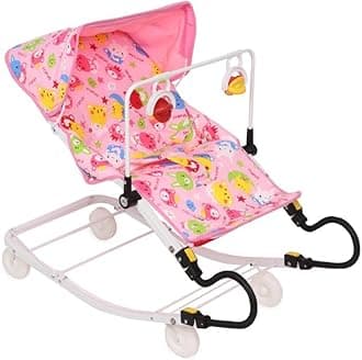 - INFANTO Multipurpose Bouncer - 3-in-1 Baby Bouncer, Rocker & Indoor Cart | Superior Locking, Extra Comfort, Sunshade, Attractive Play Toy | Suitable from Birth up to 18 Months-RB32 (Pink)
