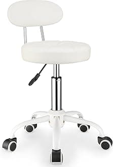 PU Leather Rolling Stool with Back Support Height Adjustable Swivel Stool Chair with Wheels Drafting Chair for Spa Slaon Massage White