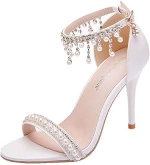 Crystal QueenWomen High Heels Sandals White Lace Pearls Wedding Shoes Pointed Toe Bridal Shoes