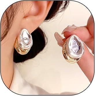 Two Tone Teardrop Stud Earrings for Women Gold Silver Front Back Oval Bean Dangle Earrings Cute Post Ball Earrings Lightweight Chunky Jewelry Gifts