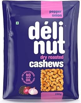 Delinut Pepper Onion Dry Roasted Cashews/Kaju 200g | Savory & Crunchy WW240 Whole Cashew Nuts | Pepper & Onion Flavour | FOST Flavour Lock Technology | Nitrogen Flushed | No Added Oil, Colors or Preservatives