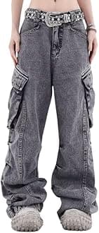 LafaguwWomen's Cargo Pants Low Waist Baggy Jeans Pocket Wide Leg Casual Trendy Streetwear Grunge Emo Clothes