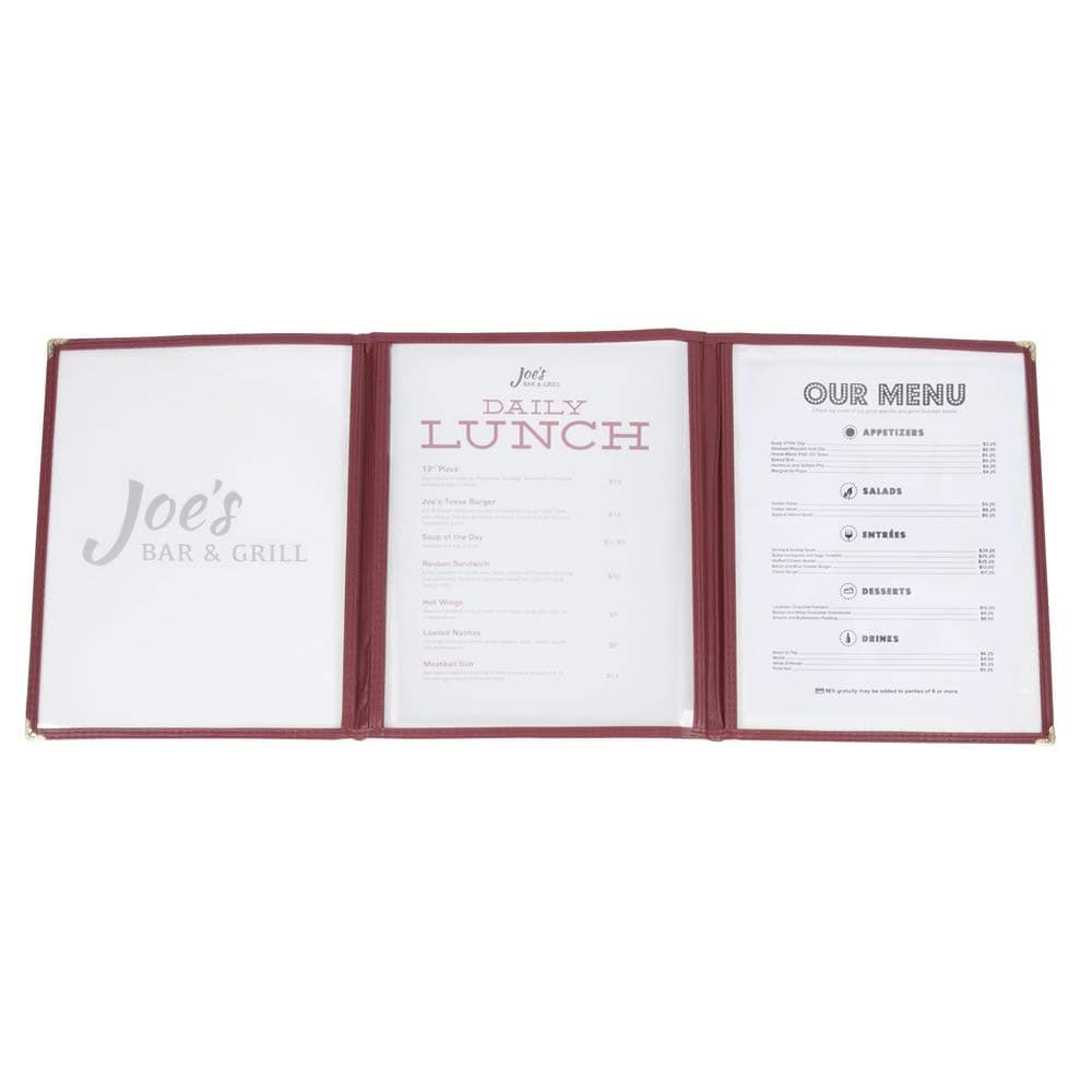(30 Pack) Triple Panel Menu Covers, Red/Maroon, 6 View, 8.5 x 11-inches Insert, Trifold Menu Covers for Restaurants with Double Stitched Binding and Protective Corners