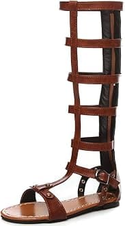 Womens Flat Knee High Gladiator Caged Buckle Cutout Back Zip Sandals