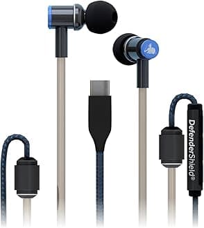 DefenderShield Air Tube Stereo Earbuds USB-C - Universal Acoustic Wired Headphones with Mic & Volume Control