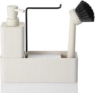 4 in 1 Kitchen Soap Dispenser Set - Soap Dispenser Brush Sponge Holder Towel Rack (Striped Beige)