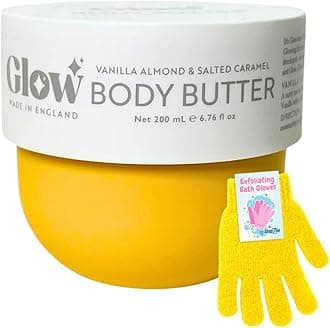 Glow Nourishing Body Butter 200ml & Exfoliating Bath Gloves Set | Firming Moisturiser for Supple & Smooth Skin | Scented Body Cream, Dry Skin, Shower Mitts, UK Made (Vanilla Almond & Salted Caramel)
