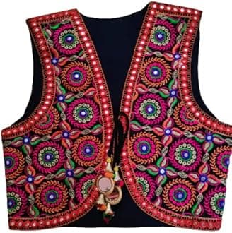 GenericOuterwear Womens Multicolor Cotton Handmade Traditional Rajasthani Design front Embroidered Kutchi Work Jacket/Koti