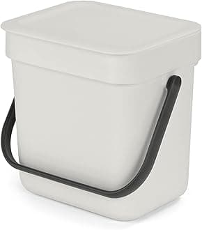 Brabantia Sort & Go Food Waste Bin 3L (Light Grey), Space-Efficient Plastic Recycle Bin with Handle, Removable and Stay-Open Lid, Easy to Clean Kitchen Compost Caddy without Nooks and Rims