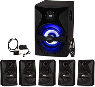 Goldwood Bluetooth 5.1 Surround Sound Home Theater Speaker System with LED Display, FM Tuner, USB/SD Inputs - 6-Piece Set with Remote Control, Black