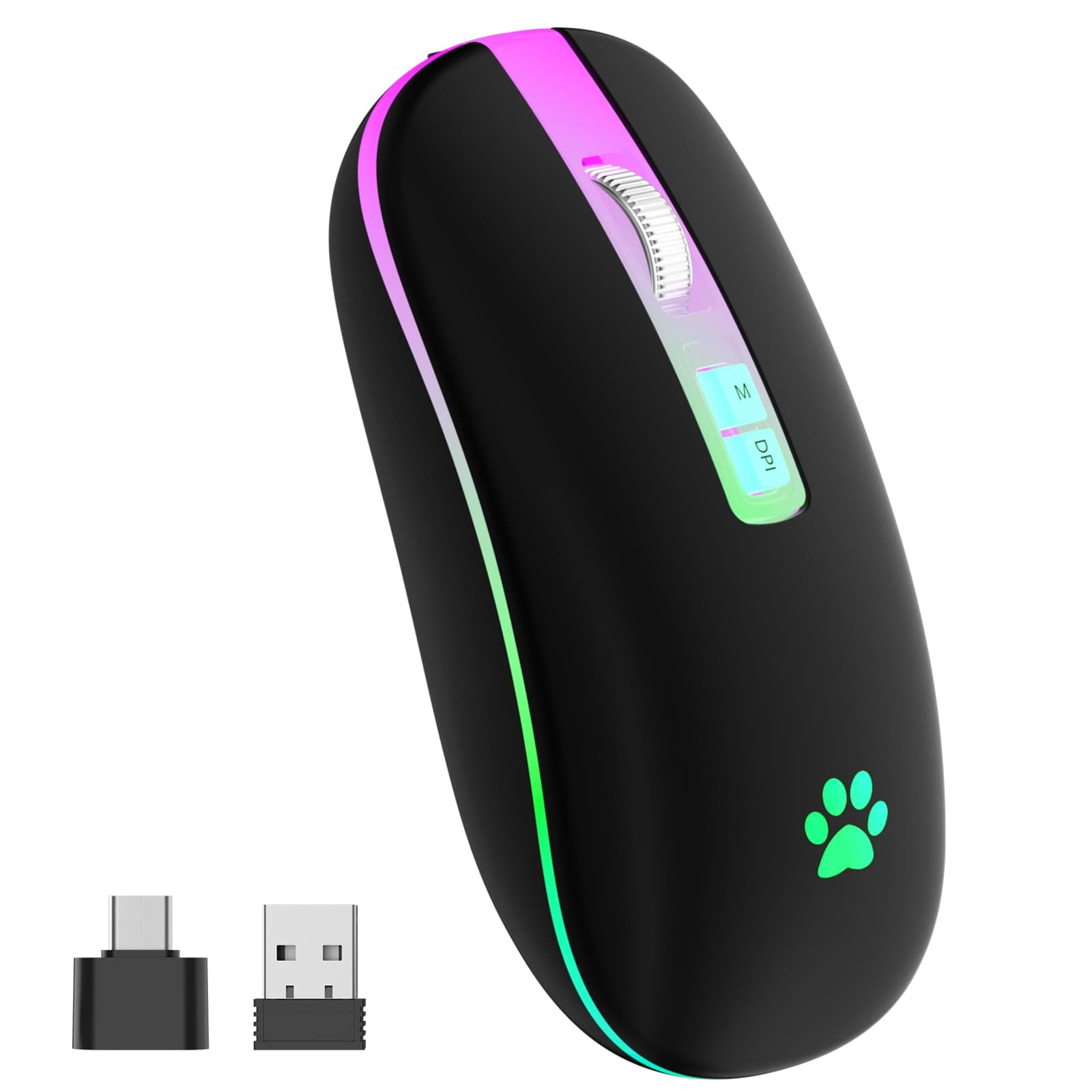 KARFUN Wireless Mouse, Backlit LED Portable Slim Computer Mouse for Laptop, PC, Computer, MacBook, iPad, Chromebook, Notebook, 2.4G Rechargeable Wireless Mouse (Black) (Black-Transparent Nose)