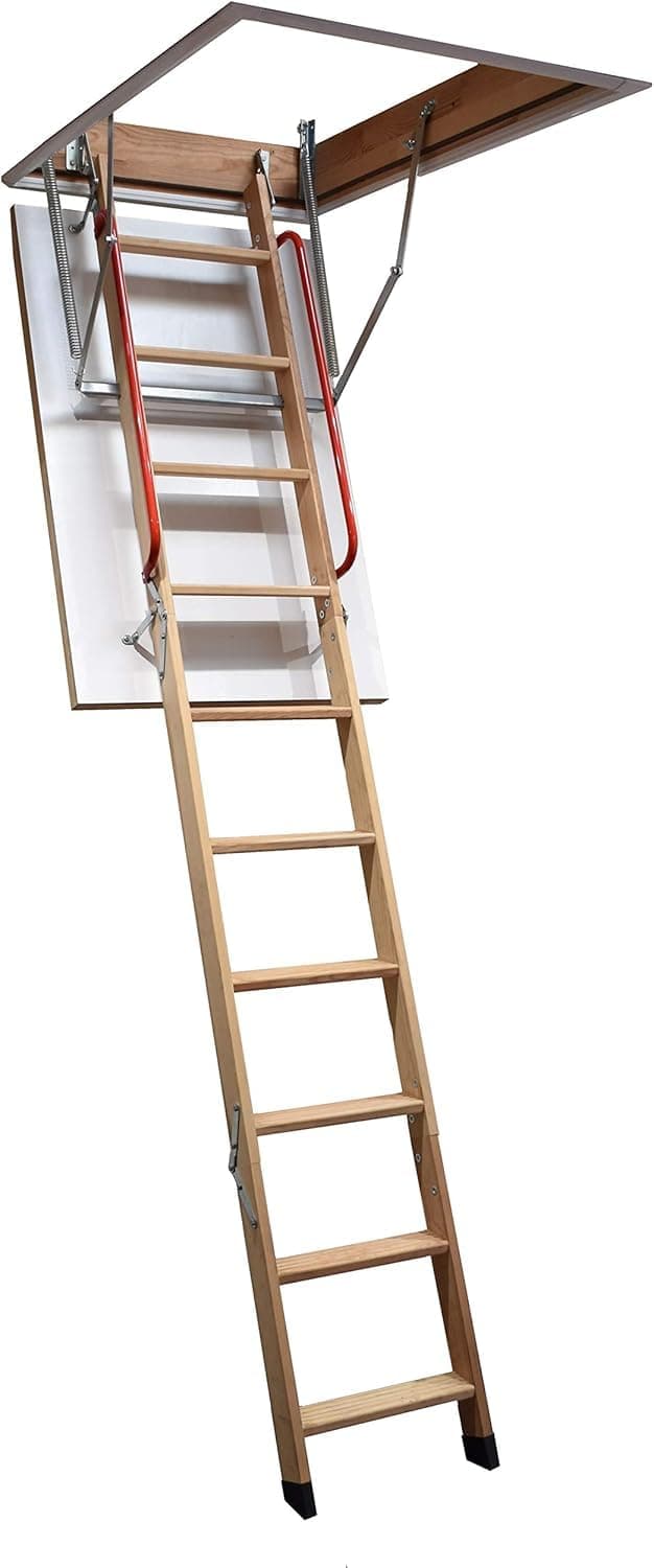 BPS® Deluxe Wooden Loft Ladder | Twin Safety Handrails | Folding Attic Ladder | EN14975 Certified | Heavy Duty 150kg Weight Rating | Insulated Hatch Door | Spring Assisted | Frame 1100 x 700mm