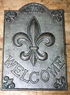 Vintage Large Cast Iron FLEUR DE LIS WELCOME Plaque Finial Garden Sign Home Decor GREEN