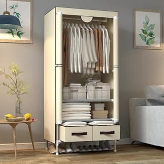 Portable Canvas Wardrobe, 2 Drawers Hanging Rail Shelves Bedroom Closet 75x45x170cm Beige