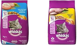 Whiskas Adult (+1 Year) Dry Cat Food, Ocean Fish Flavour, 7kg Pack and Adult (+1 Year) Dry Cat Food, Chicken Flavour, 1.2kg Pack