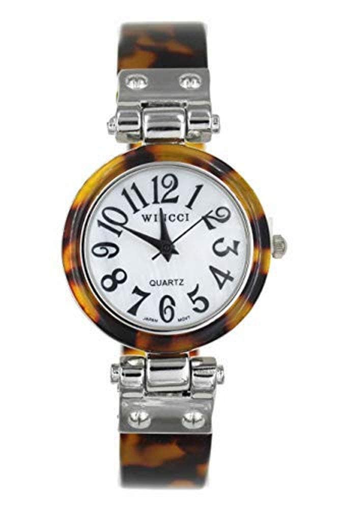 Women's Silver Tone Tortoise Shell Plastic Bangle Cuff Watch