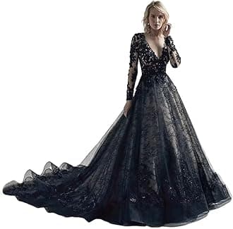 Modest Lace Wedding Dresses for Bride Long 2023 Sexy Long Sleeve Appliques Ball Gown Bridal Gown with Train Black 24