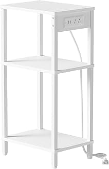 Creso hom Tall End Table with Charging Station and USB Ports, 3 Tier Narrow Tall Bedside Table with Storage, Slim Nightstand with Outlets for Bedroom, Living Room, Nursery, Office, White
