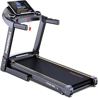PowerMax Fitness TDM-96 4HP Motorised Foldable Treadmill for Home Use, Max User Wt. 110kg | Top Speed 12 kmph, LCD Display, BMI | Bluetooth for Music & Mobile App | 3 Level Manual Incline, Speaker